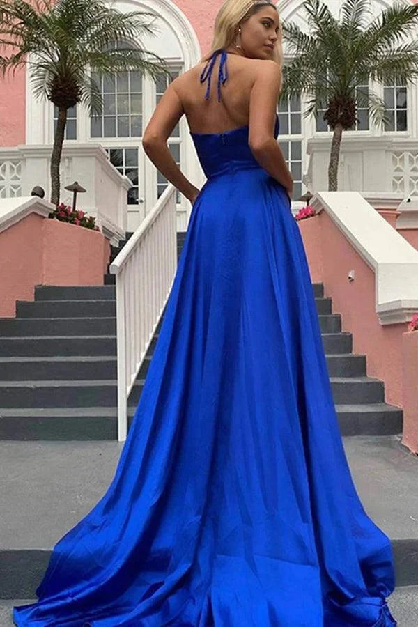 Vestido de fiesta azul rey sencillo con escote en V, tirantes finos y abertura en la espalda